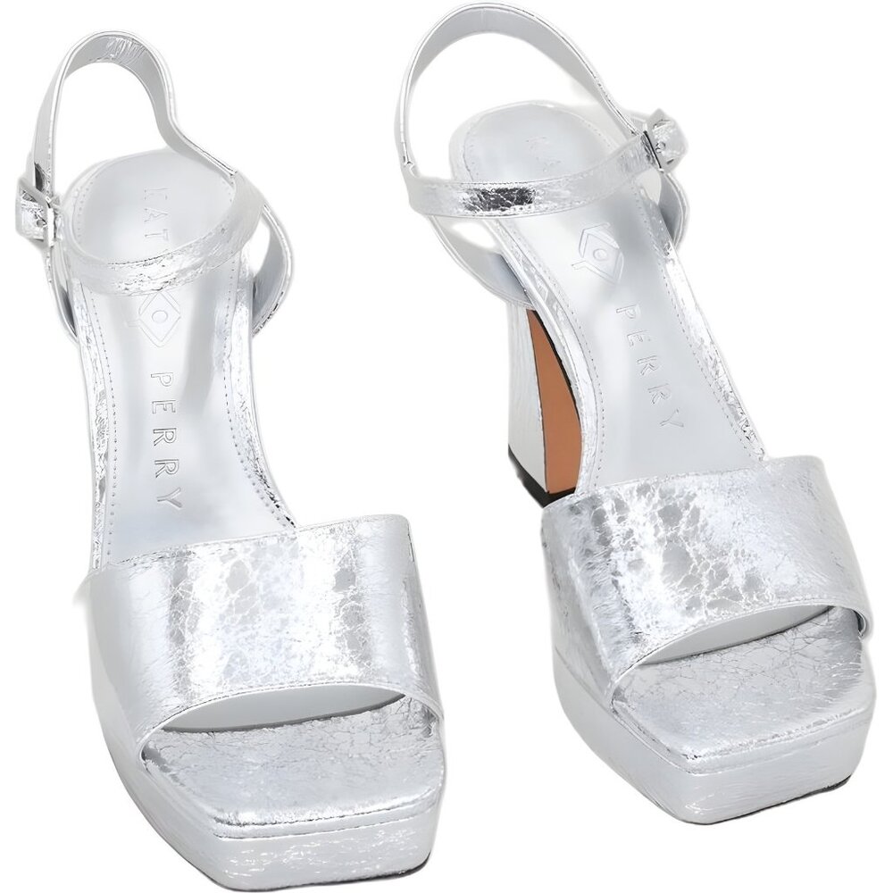 Katy Perry Silver Platform Strappy Sandals Square Open Toe Block Heel US 6.5M